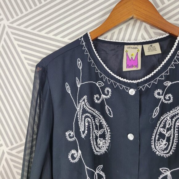 Anthony Tunic Top Plus 1X Lightweight Button Up Black Semi-sheer Embroidered - Picture 3 of 7